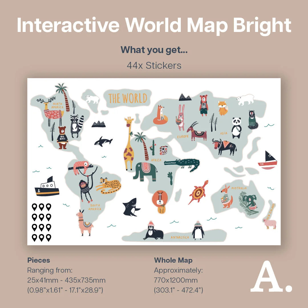 Bright Interactive World Map Wall Decal - Decals - Maps